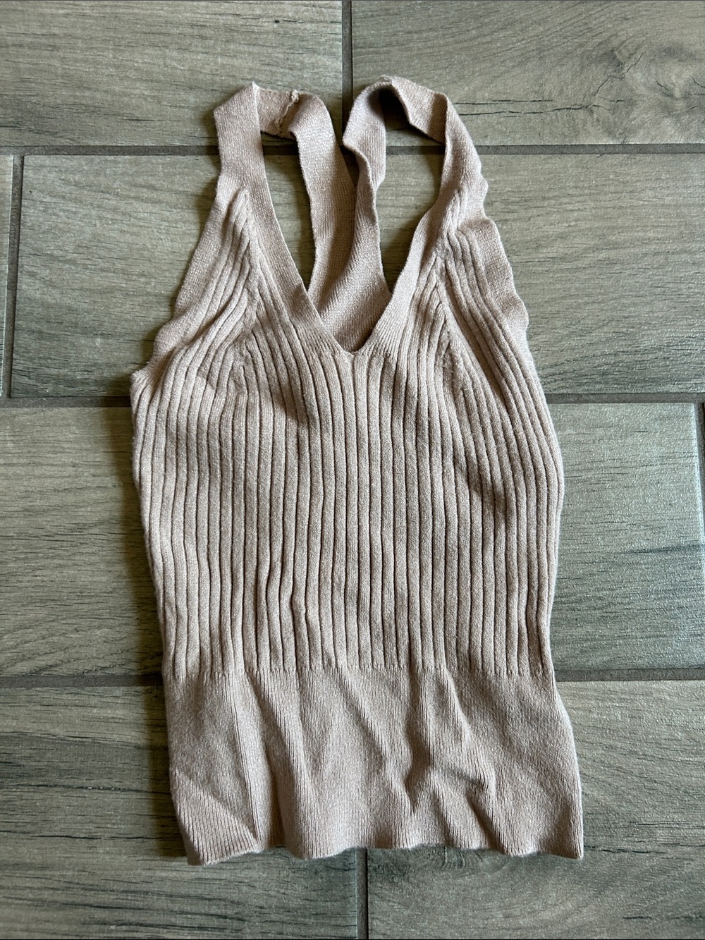 Ribbed V-Neck Knit Tank Top - Beige
